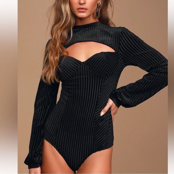 NWT Lulus Always Alluring Striped Velvet Cutout Bustier Bodysuit- Size Small - Picture 1 of 13